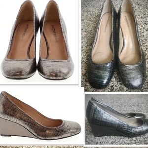 Antonio Melani Leather Round-Toe Metallic Wedges